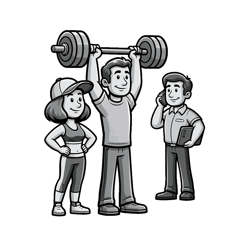 A coach, an athlete lifting weights, and an agent on the phone