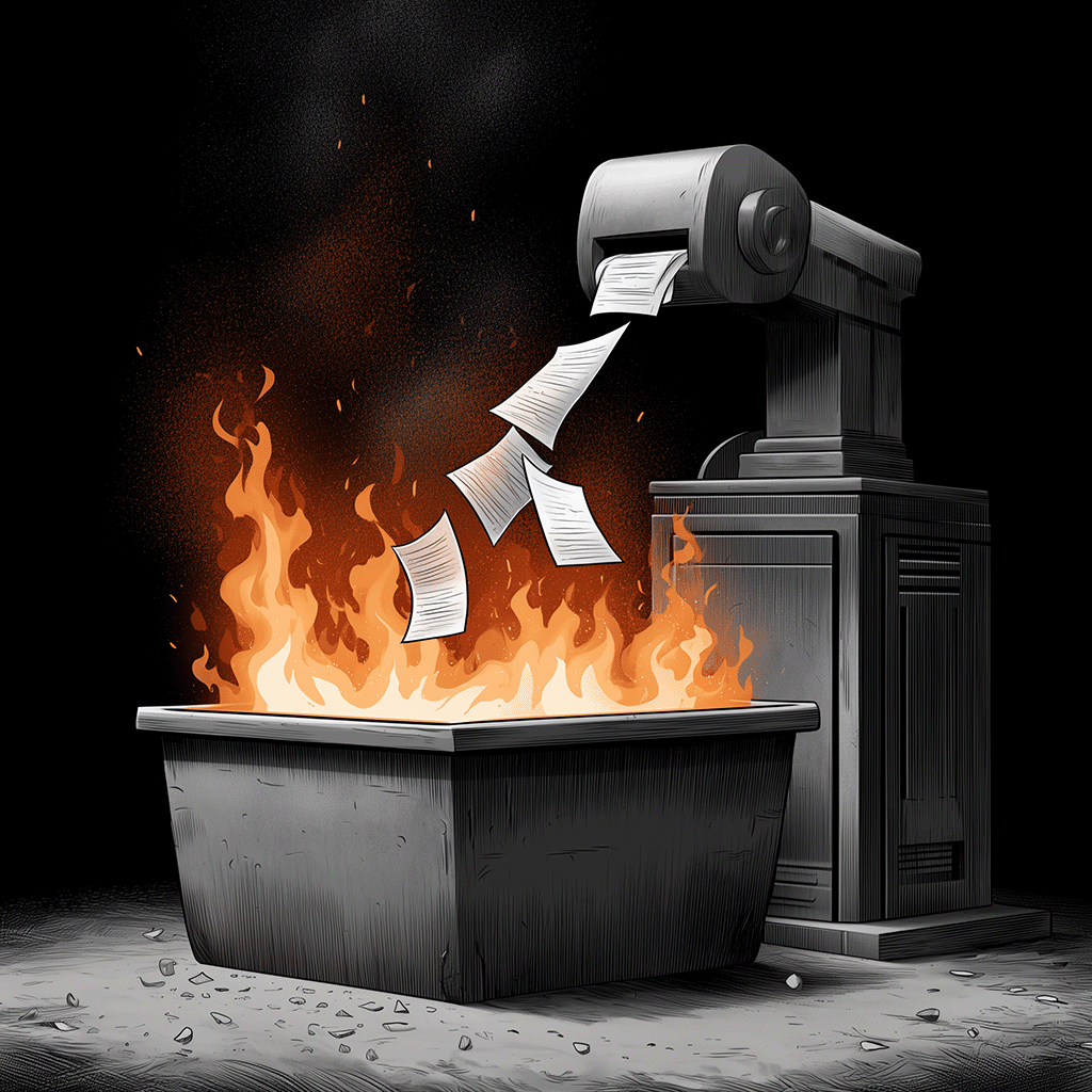 A machine feeding résumés into a fire